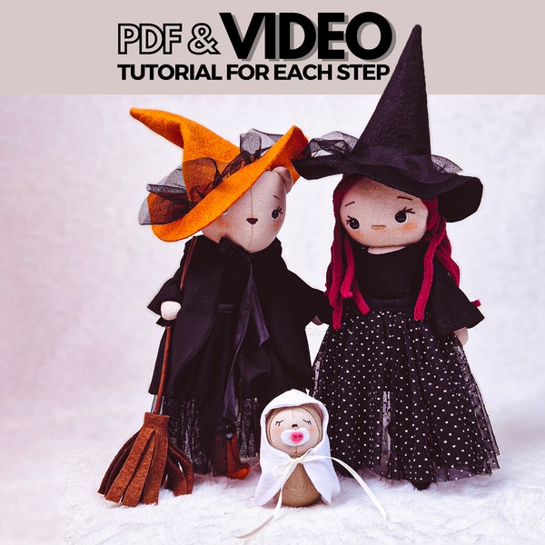 PDF DIY Set aus 8 Stück: Halloween Puppenkleidung Schnittmuster, Anleitung und Video - Hexen Outfit Kleidung und Accessoires, digitaler Download