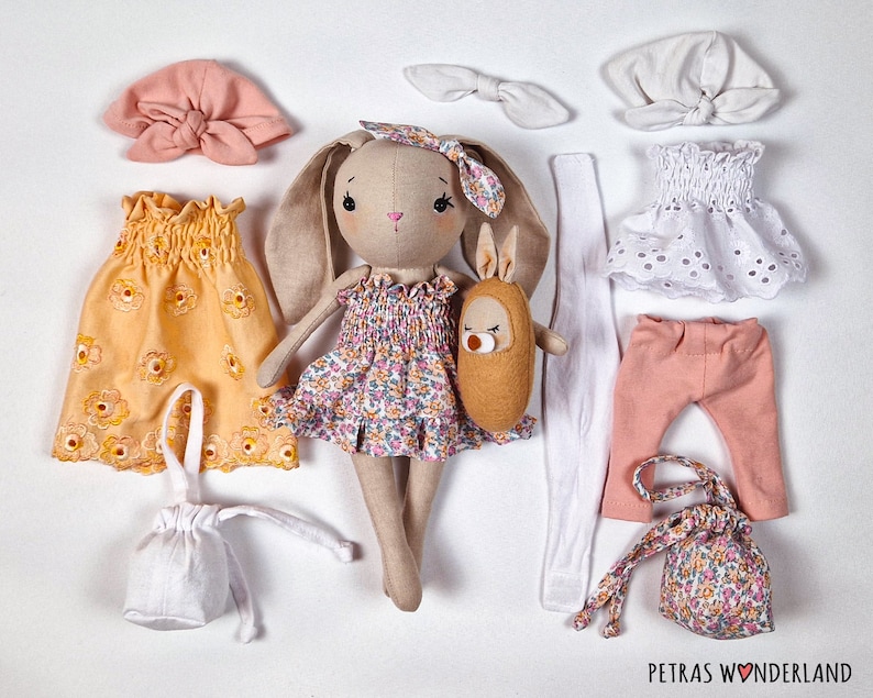 Bunny Rabbit PDF Sewing Pattern, Tutorial and Video Diy Doll Patterns to Make a Mom and Baby Soft Doll Set with Clothes and Accessories image 2