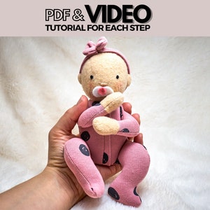 PDF Newborn Baby Doll 8 Inch Sewing Pattern and Tutorial with VIDEO, Soft Doll Baby Pattern 3 Face Templates, 3 Hairstyles, Instant Download