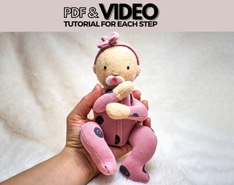 PDF Newborn Baby Doll 8 Inch Sewing Pattern and Tutorial with VIDEO, Soft Doll Baby Pattern 3 Face Templates, 3 Hairstyles, Instant Download