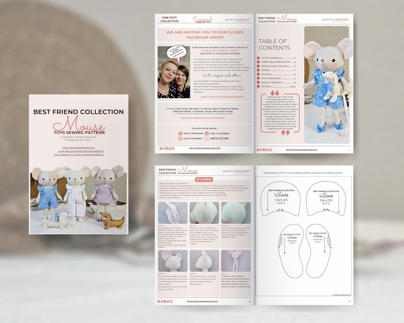 PDF Mouse Digital Sewing Pattern, Easy Tutorial, and Video for You to Make a Dressed Mouse Stuffed Animal Doll with Its Dog Pet DIY Gift zdjęcie 10