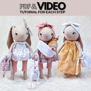 Bunny Rabbit PDF Sewing Pattern, Tutorial and Video Diy Doll Patterns to Make a Mom and Baby Soft Doll Set with Clothes and Accessories image 1