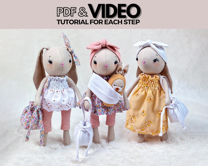 Bunny Rabbit PDF Sewing Pattern, Tutorial and Video Diy Doll Patterns to Make a Mom and Baby Soft Doll Set with Clothes and Accessories image 1