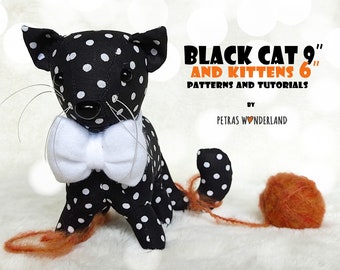 PDF Black Cat and Kittens Sewing Pattern and Tutorial, Standing Cat Stuffed Animal, Soft Toy, Plush Sewing DIY Project, English PDF Pattern