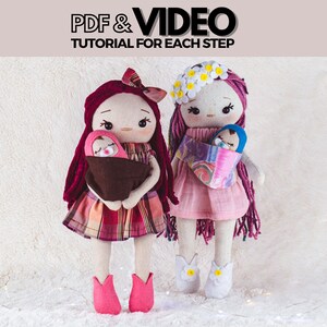 Patrón de costura y tutorial en PDF para mamá y bebé de muñecas de trapo: haga una muñeca de trapo, una muñeca suave para envolver hecha a mano, un vestido, un portabebés y accesorios