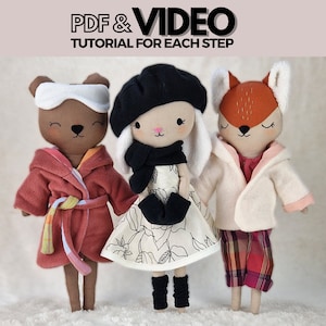 PDF Forest doll Bear, Bunny and Fox sewing pattern and Video to make a woodland animal soft doll with 3 faces, stuffed animal with clothes