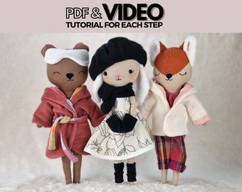 PDF Forest doll Bear, Bunny and Fox sewing pattern and Video to make a woodland animal soft doll with 3 faces, stuffed animal with clothes