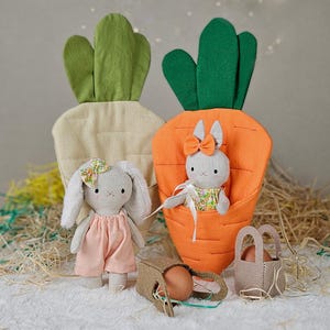 Mini Bunny Doll in Carrot Sleeping Bag Sewing Pattern - PDF Instant Download, Beginner-Friendly, 2 Outfits, 2 Ears Options+ FREE Felt Basket