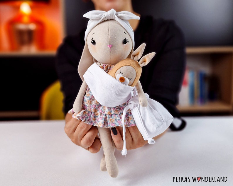 Bunny Rabbit PDF Sewing Pattern, Tutorial and Video Diy Doll Patterns to Make a Mom and Baby Soft Doll Set with Clothes and Accessories image 3