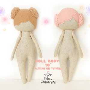 Modello e tutorial per corpo di bambola in PDF con capelli da 10", modello di cucito facile per bambola di stoffa, bambola di pezza con corpo vuoto, mini tutorial per bambole con modello fai da te