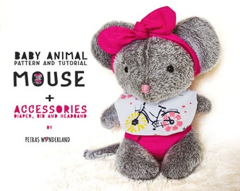 PDF Baby Animal Mouse Couture Pattern & Tutoriel - Rat souris en peluche avec couche, bavoir et bandeau, jouet en peluche, poupée de chiffon animal bricolage