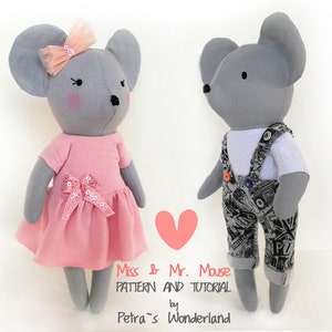 Cartamodello PDF e tutorial per Miss e Mr. Mouse con vestiti, cartamodello per bambola di stoffa, cartamodello per animali di pezza, bambola di pezza animale fai da te facile