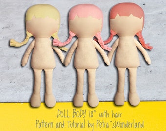 PDF Rag Doll Pattern 18”, PDF Sewing Tutorial for Blank Body Cloth Doll Pattern, Easy Pattern, Doll pattern DIY, Soft Doll Pattern with Hair