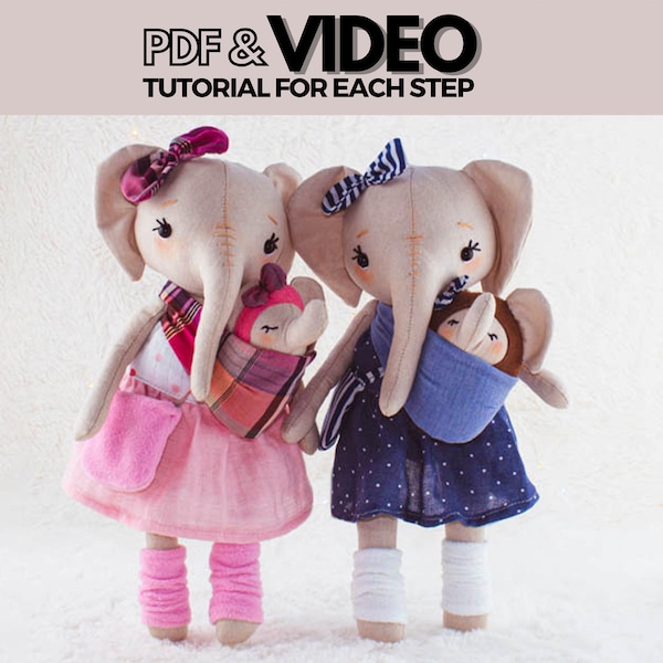 Elefant Stoffpuppe PDF - DIY Video Tutorial, um eine Mama Elefant Stofftier mit Baby und Kleidung zu machen, einfache Anziehpuppe
