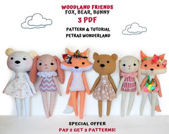 3 PDF: Sewing Tutorial for Stuffed Animal Pattern Bundle – Fox, Bunny, Bear Cloth Doll Pattern, Easy Pattern Diy Sewing, Rag Doll Pattern