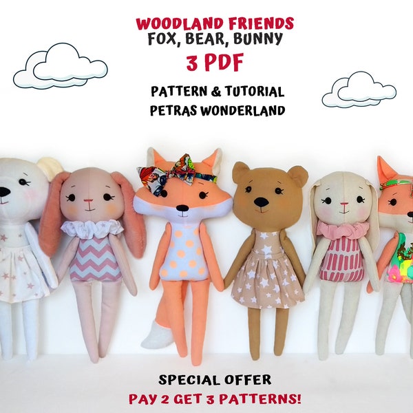 3 PDF: Sewing Tutorial for Stuffed Animal Pattern Bundle – Fox, Bunny, Bear Cloth Doll Pattern, Easy Pattern Diy Sewing, Rag Doll Pattern