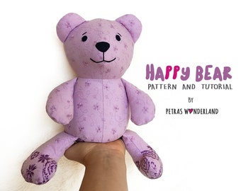 PDF Happy Bear Sewing Pattern & Tutorial, Recycled Teddy Bear, Stuffed animal, Plushie Pattern, Cuddly Toy, Easy Teddy Bear Sewing Pattern