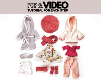 Set of 11 pieces PDF Doll Clothes Patterns for Forest Doll Body - Instant Download Sewing Pattern and Tutorial with Video, doll clothing diy