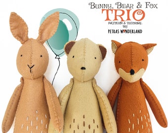 PDF Sewing Pattern and Tutorial - Bunny Bear and Fox Trio Special Offer Easy Beginner Hand Sewing Woodland Felt Toys for you to make