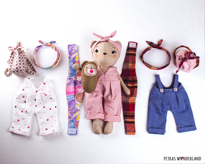 Bear sewing pattern PDF and Video diy tutorial to make a teddy bear Mom and mini baby bear stuffed animal with clothes and accessories image 2