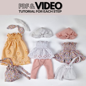 PDF Clothes Sewing Pattern for DIY Doll Dress with Ruffle, Shirred Blouse, Leggings, Long Dress, Turban Hat, Head Bow, Bucket Bag Pattern
