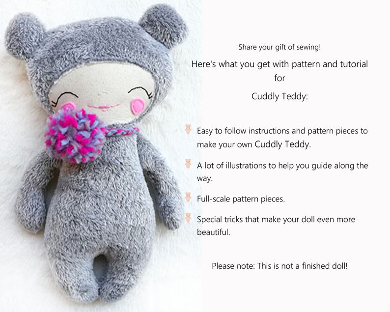 PDF Sewing Tutorial for Stuffed Animal Pattern, Cuddly Teddy 14“ KawaiiPattern Easy Pattern Diy Sewing, Rag Doll Pattern, Cloth Doll Pattern