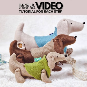 Modello di cucito per cani in PDF, tutorial e video passo dopo passo – Cane bassotto fai da te, modello facile per principianti, cane di peluche Doxie