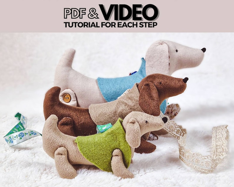 PDF Dog Sewing Pattern, Tutorial and Step by Step Video DIY Animal Pet Dachshund Dog, Beginner Easy Pattern, Stuffed Animal Doxie Dog image 1