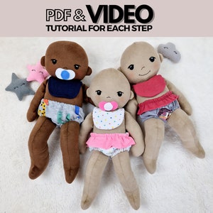 PDF Baby Doll Sewing Pattern, Step by step Tutorial and Video on how to make a 15 Soft Doll with Diaper Cover, Magnet Pacifier and Bib image 1
