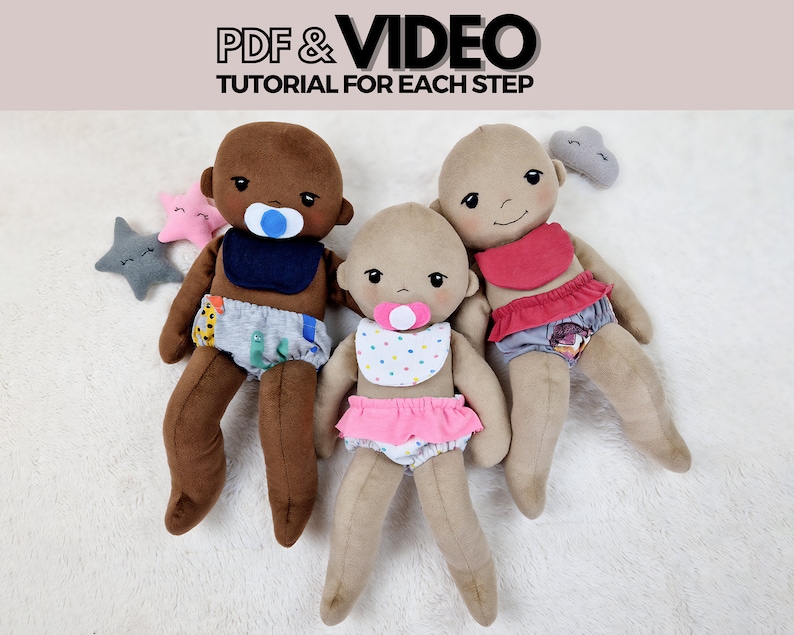 PDF Baby Doll Sewing Pattern, Step by step Tutorial and Video on how to make a 15 Soft Doll with Diaper Cover, Magnet Pacifier and Bib image 1