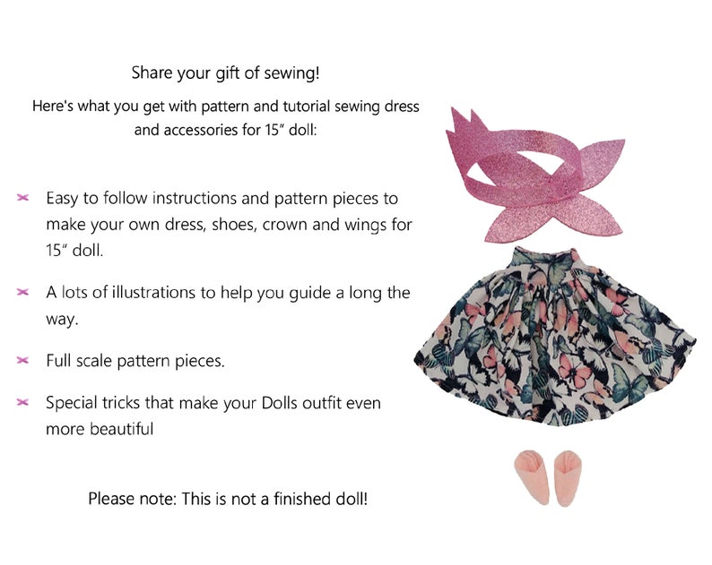 Digital Download Doll Clothes Pattern15 doll, PDF Sewing Pattern and Tutorial Doll Dress and Accessory Pattern, easy pattern, Fairy Doll image 6