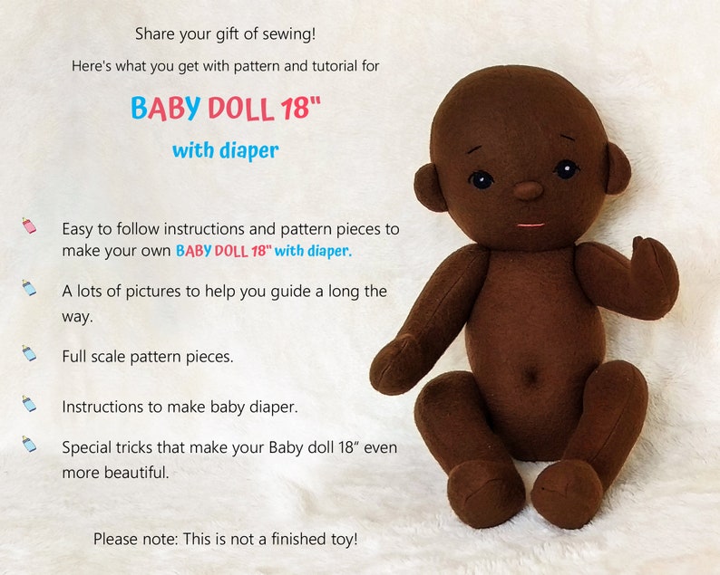 PDF Baby Doll Pattern and Tutorial, 18” Soft Doll Pattern with Diaper, Easy Sewing Cloth Doll Instant Download Rag Doll Pattern