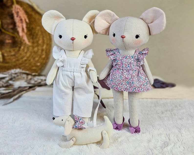 PDF Mouse Digital Sewing Pattern, Easy Tutorial, and Video for You to Make a Dressed Mouse Stuffed Animal Doll with Its Dog Pet DIY Gift zdjęcie 3