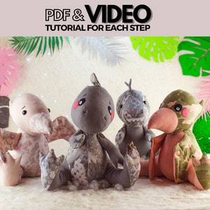 PDF Dinosaurs Sewing Pattern and Tutorial - Plushie Set Pterodactyl and T-Rex Raptor, Diy Memory Toy Soft Doll Pattern Made from Clothes