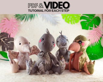 PDF Dinosaurs Sewing Pattern and Tutorial - Plushie Set Pterodactyl and T-Rex Raptor, Diy Memory Toy Soft Doll Pattern Made from Clothes