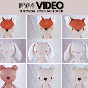 Set PDF di facili ricami a mano per volti di animali della foresta per orso, coniglio e volpe 13" - 3 museruole e occhi sorridenti aperti e chiusi, video tutorial