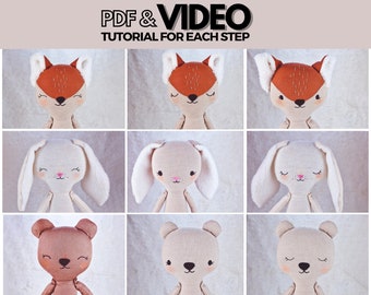 Pdf Set of  Easy Forest Animal Face Hand Embroidery Designs for Bear, Bunny and Fox 13“- 3 Muzzles & Open Closed Smily Eyes, Video Tutorial