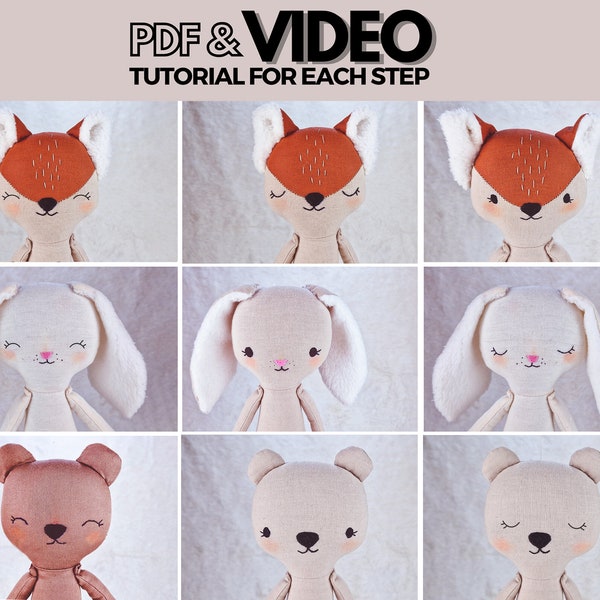 Pdf Set of  Easy Forest Animal Face Hand Embroidery Designs for Bear, Bunny and Fox 13“- 3 Muzzles & Open Closed Smily Eyes, Video Tutorial
