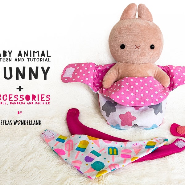 PDF Baby Animal Bunny Sewing Pattern And Tutorial - Soft Toy Rabbit in Swaddle with Pacifier and Bandana, DIY Animal Rag Doll, Stuffed Toy