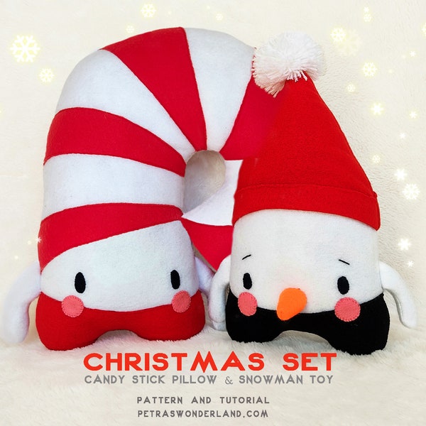 PDF Sewing Pattern and Tutorial, Candy Stick Pillow and Snowman Toy Doll Patterns, Christmas Stuffed Animal, Soft Toy Pattern Christmas Gift