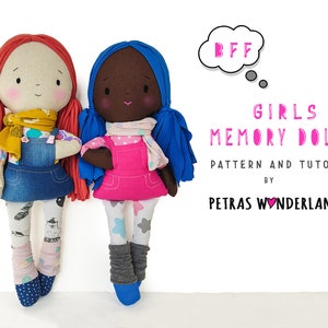 Modello di cucito per bambole Memory Doll Girls in PDF, tutorial di cucito per modello di bambola di stoffa fai da te Modello di bambola di pezza Bambola morbida patchwork realizzata con vestiti