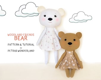 PDF Bear Woodland Animal Sewing Pattern and Tutorial - Soft Toy Pattern, DIY Stuffed Animal, Teddy Bear Pattern, Rag Doll Pattern With Apron