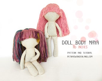 PDF Cloth Doll Couture Pattern and Tutorial - Doll Body Maya 16" with Hair, Blank Body Rag Doll Easy Pattern, Soft Doll e-pattern, DIY Doll