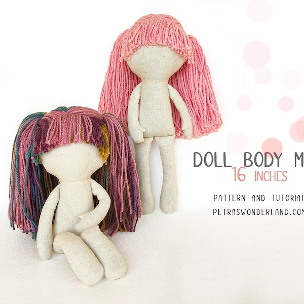 PDF Cloth Doll Sewing Pattern and Tutorial - Doll Body Maya 16" with Hair, Blank Body Rag Doll Easy Pattern, Soft Doll e-pattern, DIY Doll