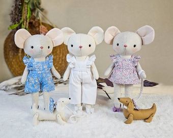 PDF Mouse Digital Sewing Pattern, Easy Tutorial, and Video for You to Make a Dressed Mouse Stuffed Animal Doll with Its Dog Pet - DIY Gift