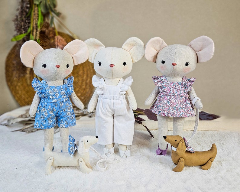 PDF Mouse Digital Sewing Pattern, Easy Tutorial, and Video for You to Make a Dressed Mouse Stuffed Animal Doll with Its Dog Pet DIY Gift image 1