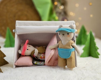 PDF Mini bambola di peluche orsacchiotto con tenda da campeggio in miniatura set modello di cucito e pacchetto tutorial, livello di abilità per principianti, regalo fai da te