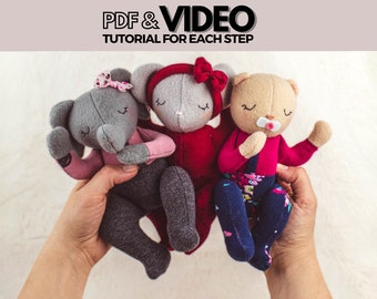 PDF Sewing Pattern & Tutorial with Video Newborn Baby Animals 8 Inch, Easy Sewing Bear, Mouse, Elephant Soft Toy Pattern, Instant Download