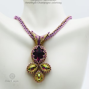 May include: A purple and gold beaded necklace with a pendant featuring a large amethyst-colored gemstone surrounded by smaller beads. The necklace is on a white mannequin.