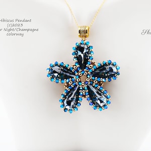 May include: A gold chain necklace with a blue and gold hibiscus flower pendant. The pendant is made of beads and crystals. The text "Hibiscus Pendant (c)2023 Silver Night/Champagne colorway" is visible in the image.